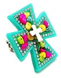DaVinci Beautiful Turquoise and Multi-Stone Cross LARGE Fashion Ring with Ice Crystals on a Unique Stretch Band Silver Finish Comes Gift Boxed