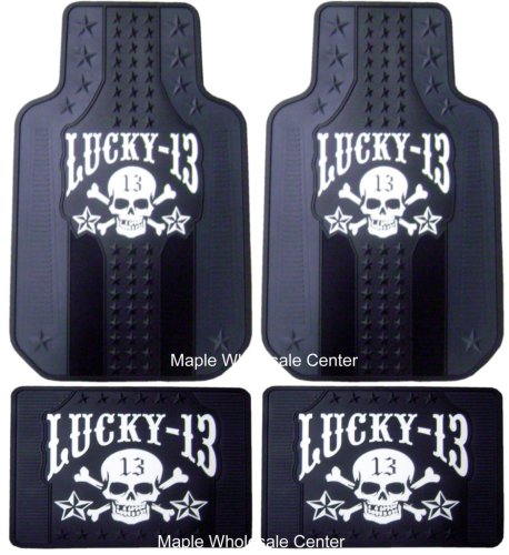 4PC Lucky 13 Car Truck SUV Front and Rear Floor Mats with Skull