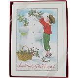 Boy with Snowman 3 Pack Cavallini Glitter Greetings Boxed Set of 10 holiday cards + envelopes