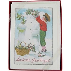 Boy with Snowman 3 Pack Cavallini Glitter Greetings Boxed Set of 10 holiday cards + envelopes