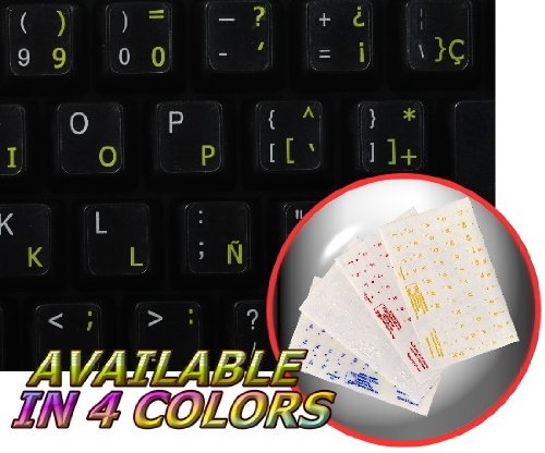 Spanish (Traditional) Keyboard Stickers With Yellow Lettering On Transparent Background