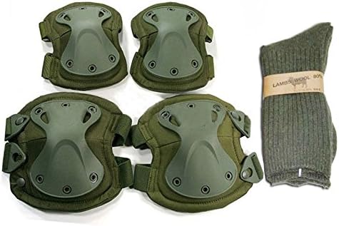 Military Army Tactical Protection Knee Elbow Pad Set Knee Elbow Pads Skate & Skateboarding Knee Pads + 1 pair of 80% lamb wool scoks (OD Green)