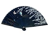 Japanese Design Silk Handheld Folding Fan, Deefp Blue w/Fine Flowers and Butterflies HF-230