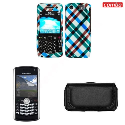 Blackberry pearl 9100 Combo Blue Plaid Protective Case Faceplate Cover + LCD Screen Protector + Black Horizontal Leather Pouch for Blackberry pearl 9100