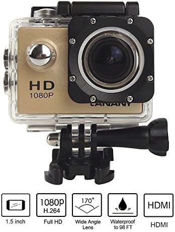 Canany Waterproof Action Camera Full HD 1080P 12MP Underwater Camera With Free Accessories Kit and 2 Batteries (Golden)