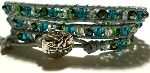 Blue Beaded Leather Wrap Bracelet and Sterling Silver Button, Sea Foam Wrap Bracelet