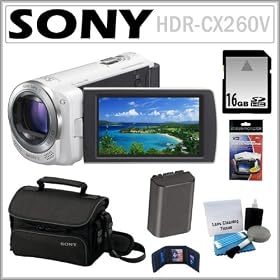 Sony HDR-CX260V 16GB HD Handycam Camcorder with 8.9MP and 30x Optical Zoom in White + 16GB SDHC + Sony Case + Replacement Battery Pack + Accessory Kit