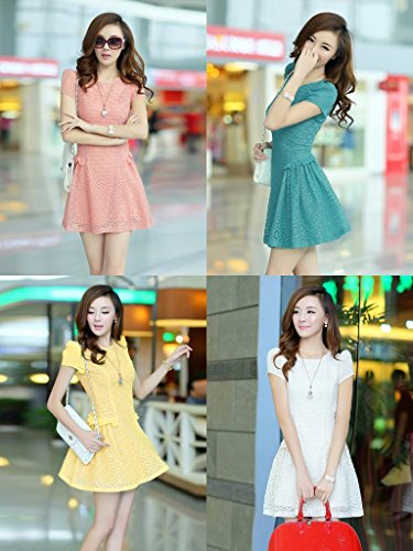 [Kapua] 総 レース シフォン パフ スリーブ ミニ 丈 ワンピース レディース OP (4色 展開)