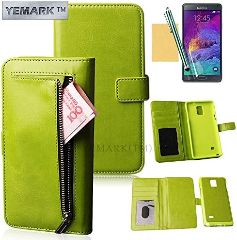 YEMARK PU Leather 2in1 Detachable Back Card Holder Flip Zipper Wallet Case with Stylus, Screen Protector and Cleaning Cloth for Samsung Galaxy Note 4 - Green