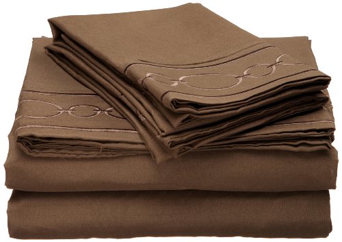 At Home Interlocking Rings Embroidered Queen 75-GSM Microfiber Sheet Set, Chocolate