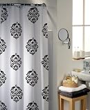 Damask Cream and Black Water Repellent Polyester Shower Curtain Including 12 Curtain Rings