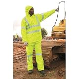 Fluorescent Lime Luminator 0.4 mm Polyurethane/PVC/Cotton Class III Flame Resistant Rain Suit With, Roll-Up Hood, Expandable Ankle Gussets, Elastic Inner Cuff In Jacket Sleeves, 2 Front Patch Pockets And 3M Reflective Stripes