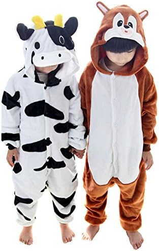 Tjia Winter Kid Cosplay Cow Squirrel Flannel Animal Pajamas (L (53"- 57"), cow)