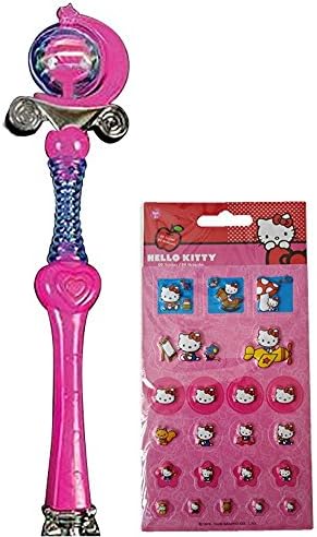 Best Theme Park and Party Magical Light up Flashing, Blinking Spectra Spinner Toy Wand with Long Handle and 1 Licensed Puffy Hello Kitty Stickers in 2D for Kids Age 3 and Up (Pink)