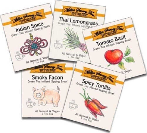 Millie's Savory Teas Snack Pack Five Flavors - Smoky Facon, Spicy Tortilla, Tomato Basil, Thai Lemon Grass & Indian Spice Green Tea Infused Sipping Broth - All Natural and Vegan Spices Infused in Green Tea - Low Calorie Low Carbohydrate Drink or Snack Food