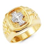 Mens 14k Yellow White Gold Cross Crown Religious Ring Mens 14k Yellow White Gold Cross Crown Religious Ring