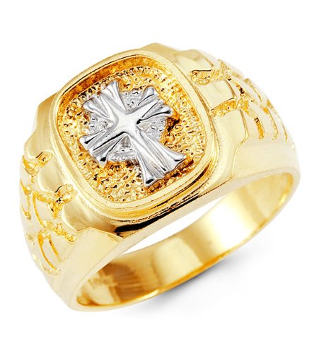 Mens 14k Yellow White Gold Cross Crown Religious Ring