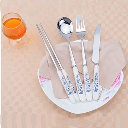 Ebestzone Set of 4 Pcs Blue Porcelain Design Stainless Steel Training Chopsticks Set with Case - 1x Spoon,1x Knife, 1x Fork, 2x Chopstick - Chopsticks for Kids Gift