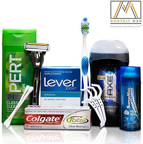 Monthly Man Essential Grooming Supplies from the World's Best Brands (Colgate, Aim, Axe, Lever, Pert Plus, Q-Tips, etc.) - Care Package Bundle for under 20 Bucks