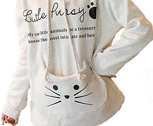 Womens Pullover Hoodie Sweatshirt Big kangaroo pouch for small Pet Cream Size M