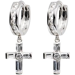 Sterling Silver Baguette CZ Cross Huggy Earrings