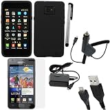 GTMax 6pcs - Black Soft Skin Rubber Silicone Case + LCD Screen Protector + Car Charger + Travel Charger + Micro USB Data Cable + Stylus for AT&T Samsung GALAXY S2 / SII I9100 Attain