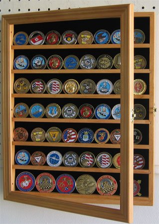 56 Challenge Coin / Poker Chip / Antique Coin Display Case Holder Cabinet - OAK Finish