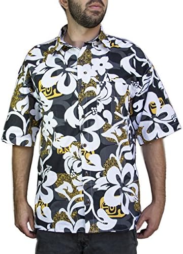 Kona Apparel USA Classic Hibiscus Print Hawaiian Shirt Large Black Lava/Yellow