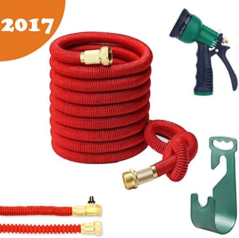 ProHoze Expanding Garden Hose 2017 New Design No Kink 50' Expandable Garden Hose the Newest Model Red 50 feet including Brass Connectors, Heavy Duty 8 Pattern Nozzle / Hand Sprayer, Rust-Free Hose Reel Hanger / Holder, Storage Bag and Additional Washers - The Best Christmas Gift and Thanksgiving Gift