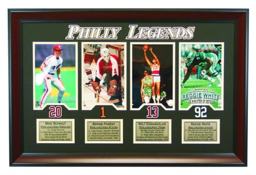 Philly Sports Legends- Philadelphia Philles Mike Schmidt, 76er's Wilt Chamberlain, Flyer Bernie Parent, and Eagle Reggie White Framed Collage