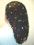 S156bb, Hand Crocheted Black Rayon, Cotton Gimp Large Snood with Multicolor Beads for Women