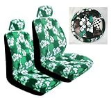 - 	 Green Universal-Fit Hawaiian Hibiscus Floral Print Low Back Front Bucket Seat Cover With Separate Headrest Cover, Steering Wheel Cover and Shoulder Seat Belt Pads Combo