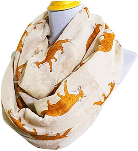 TinoTrade Circle Scarves: Cute Fox Print Infinity Loop Scarf (Beige)