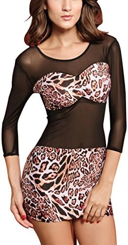 TideGG Women's Sheer Over Hip Crewneck Leopard Print 3/4 Sleeve Dress Black One Size