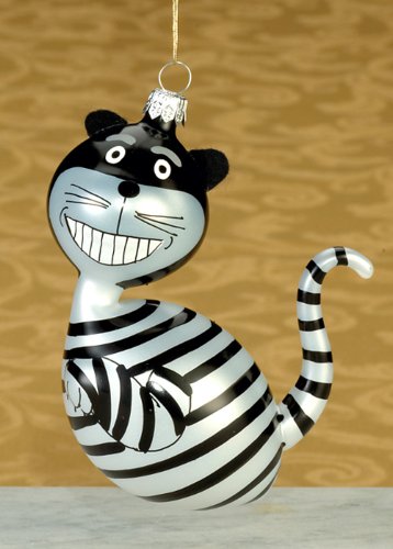 De Carlini Black and White Cat Italian Mouthblown Christmas Ornament