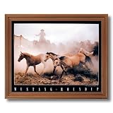 Wild Mustang Horse Roundup Western Cowboy Home Decor Wall Picture Oak Framed Art Print
