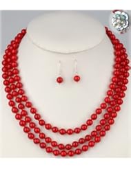 Hydia Three Strands 8mm Round Red Coral Necklace & Earrings Set Flower Shell Clasp