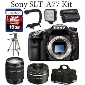 Sony A77 24.3 MP Translucent Mirror Digital SLR (Body) + DT 50mm F1.8 SAM Lens + DT 18-200mm f/3.5-6.3 Zoom Lens + LED-36 Compact Video Light + Action Stabilizing ForeGrip Handle + Camera Case + Spare NPFM500H Battery Pack + 16GB Memory Card + Tripod + Travel Charger + Filters