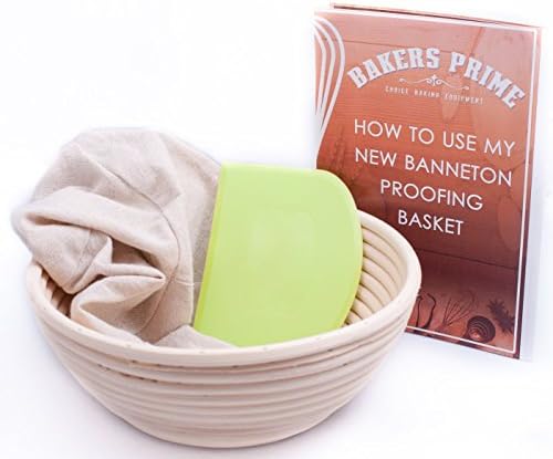 Bakers Prime Banneton Proofing Basket 3 Pcs Bundle - 9" Round Brotform &amp; Cloth Liner + Bowl Scraper + Guide