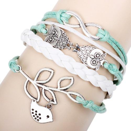Elegantel Owls Metal Weed Leather Braided Bracelet Adjustable Wristband