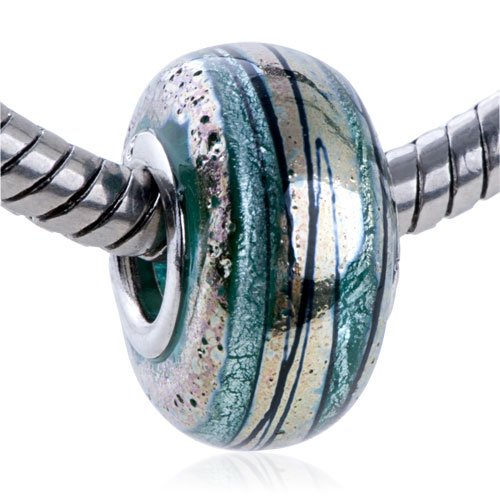 Pandora Style Charm Bead Silver Foil Turquoise Line Slim Murano Glass Bead Fits Pandora Bracelet