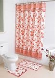 Bath Ensemble, Shower Curtain, 12 Fabric Rings, Bath and Contour Mat, Liana Special Coral