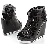 [シューズワン] SHOESONE カノン レースアップオープントゥスニーカーブーツ12cmヒール ブラック カノン