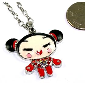 Large Pucca Angel Smiling with Arms Open Cartoon Charm Necklace with Red Austrian Crystals Silver Tone
