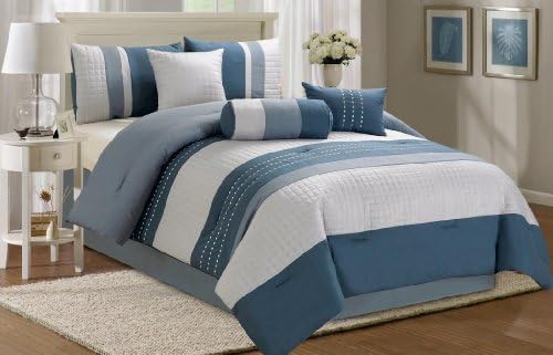 Chezmoi Collection Clayton 7-pieces Quilted Embroidery Comforter Set, Queen, Blue