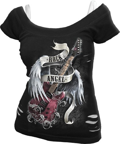 Spiral - Womens - ROCK ANGEL - 2in1 White Ripped Top Black