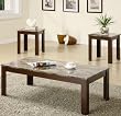 3pc Coffee Table and End Tables Set with Faux Marble Top in Brown Finish