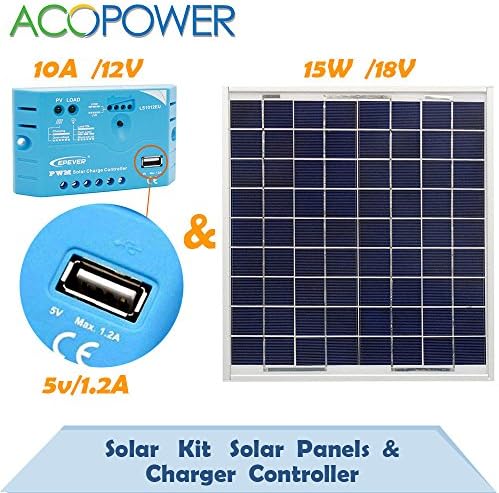 ACOpower 15w Polycrystalline Photovoltaic PV Solar Panel Module +10A PWM Charge Controller for 12v Battery Charging