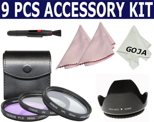 52MM Hard Flower Lens Hood for NIKON D5000 D90 D60 D3000 18-55mm VR + 3 Pcs Filter Kit (UV CPL FD) + Carry Case + Cleaning Lens Pen+ 3 Ultra Fine Microfiber Cleaning Cloths GOJA Logo