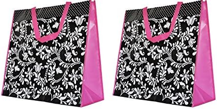 ReBagMe™ Set of 2 Extra Large Very Strong Reusable Grocery Bag - Laminated Recycled Shopper Tote - Very Large Gift Bag - Great Waterproof Beach Bag (Black, White and Pink)